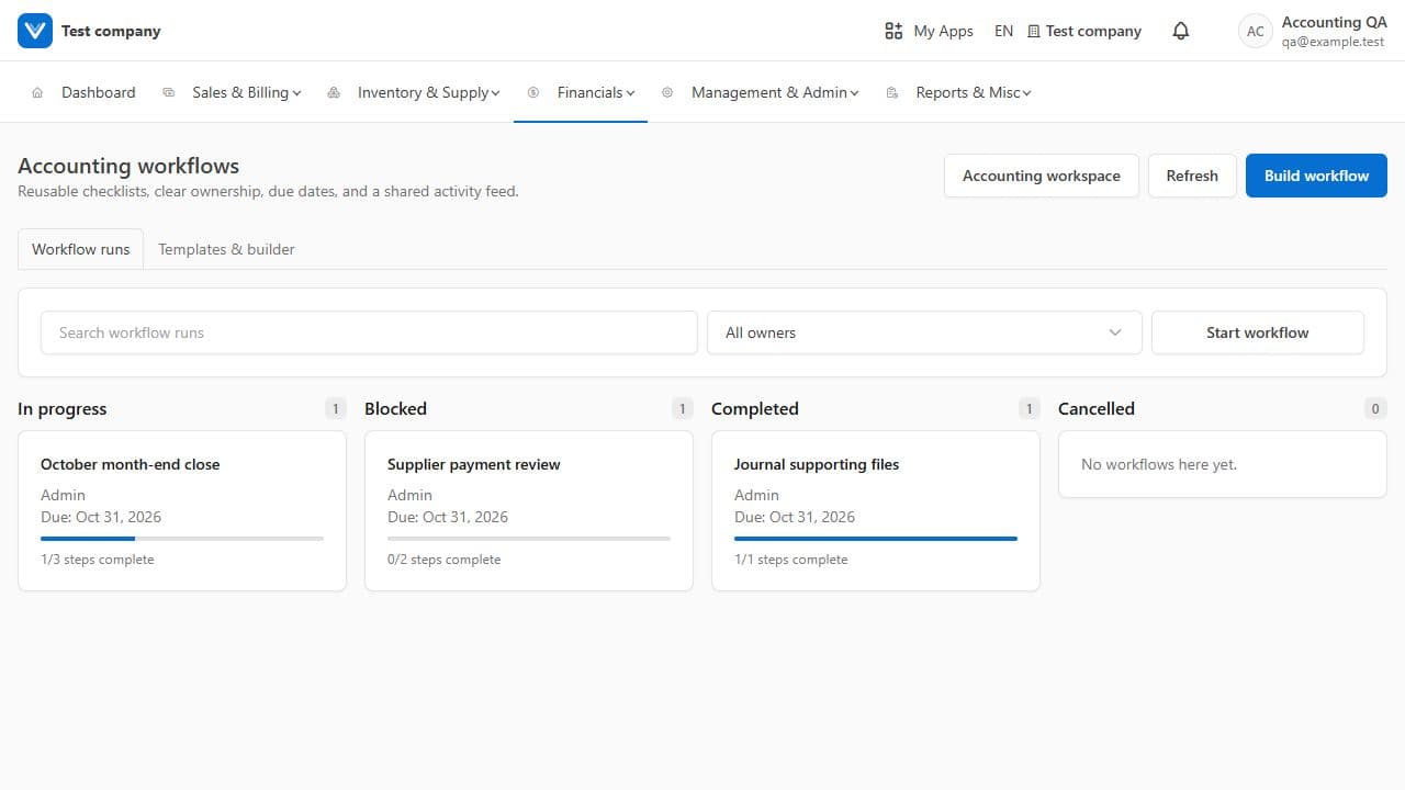 Veyra workflow board showing in-progress, blocked, completed, and cancelled tasks